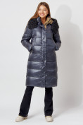 Оптом Пальто утепленное с капюшоном зимнее женское  темно-синего цвета 442181TS в Екатеринбурге