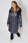 Оптом Пальто утепленное с капюшоном зимнее женское  темно-синего цвета 442181TS, фото 6