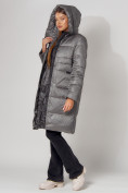 Оптом Пальто утепленное с капюшоном зимнее женское  серого цвета 442186Sr в Екатеринбурге, фото 12