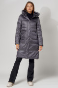 Оптом Пальто утепленное с капюшоном зимнее женское  темно-серого цвета 442186TC, фото 6