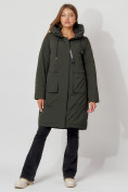 Оптом Пальто утепленное с капюшоном зимнее женское  темно-зеленого цвета 442187TZ в Екатеринбурге, фото 8