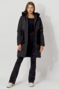 Оптом Пальто утепленное с капюшоном зимнее женское  черного цвета 442197Ch
