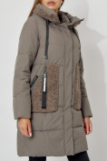 Оптом Пальто утепленное с капюшоном зимнее женское  коричневого цвета 442197K, фото 12