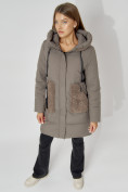 Оптом Пальто утепленное с капюшоном зимнее женское  коричневого цвета 442197K, фото 6