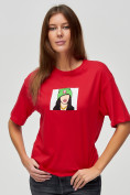Оптом Женские футболки с принтом красного цвета 50003Kr в Екатеринбурге