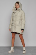 Оптом Зимняя женская куртка модная с капюшоном бежевого цвета 51122B в Казани, фото 6