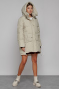Оптом Зимняя женская куртка модная с капюшоном бежевого цвета 51122B в Казани, фото 7