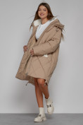 Оптом Пальто утепленное с капюшоном зимнее женское светло-коричневого цвета 51128SK, фото 11
