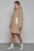 Оптом Пальто утепленное с капюшоном зимнее женское светло-коричневого цвета 51128SK, фото 2