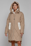 Оптом Пальто утепленное с капюшоном зимнее женское светло-коричневого цвета 51128SK, фото 5