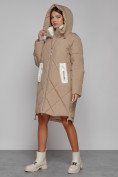 Оптом Пальто утепленное с капюшоном зимнее женское светло-коричневого цвета 51128SK, фото 7