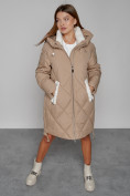 Оптом Пальто утепленное с капюшоном зимнее женское светло-коричневого цвета 51128SK, фото 9