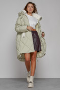 Оптом Пальто утепленное с капюшоном зимнее женское светло-зеленого цвета 51128ZS, фото 12