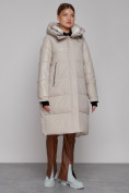Оптом Пальто утепленное молодежное зимнее женское бежевого цвета 51131B в Оренбурге, фото 3
