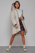 Оптом Пальто утепленное с капюшоном зимнее женское бежевого цвета 51139B, фото 10