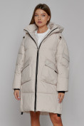 Оптом Пальто утепленное с капюшоном зимнее женское бежевого цвета 51139B, фото 13