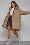 Оптом Пальто утепленное с капюшоном зимнее женское светло-коричневого цвета 51139SK, фото 12
