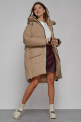 Оптом Пальто утепленное с капюшоном зимнее женское светло-коричневого цвета 51139SK, фото 13