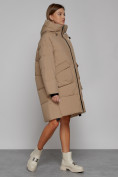 Оптом Пальто утепленное с капюшоном зимнее женское светло-коричневого цвета 51139SK, фото 3