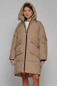 Оптом Пальто утепленное с капюшоном зимнее женское светло-коричневого цвета 51139SK, фото 5
