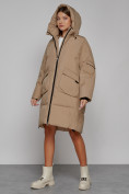Оптом Пальто утепленное с капюшоном зимнее женское светло-коричневого цвета 51139SK, фото 7