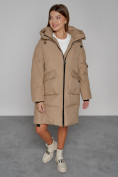 Оптом Пальто утепленное с капюшоном зимнее женское светло-коричневого цвета 51139SK, фото 9
