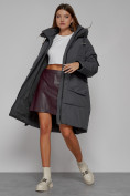 Оптом Пальто утепленное с капюшоном зимнее женское темно-серого цвета 51139TC, фото 12