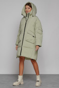 Оптом Пальто утепленное с капюшоном зимнее женское светло-зеленого цвета 51139ZS, фото 7