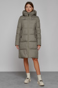 Оптом Пальто утепленное с капюшоном зимнее женское цвета хаки 51155Kh в Сочи