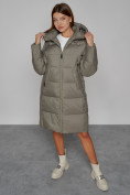 Оптом Пальто утепленное с капюшоном зимнее женское цвета хаки 51155Kh в Воронеже, фото 10