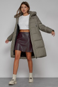 Оптом Пальто утепленное с капюшоном зимнее женское цвета хаки 51155Kh в Уфе, фото 13
