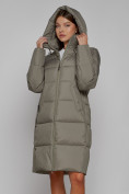 Оптом Пальто утепленное с капюшоном зимнее женское цвета хаки 51155Kh в Самаре, фото 8