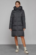 Оптом Пальто утепленное с капюшоном зимнее женское темно-серого цвета 51155TC в Сочи