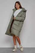 Оптом Пальто утепленное с капюшоном зимнее женское зеленого цвета 51155Z, фото 13