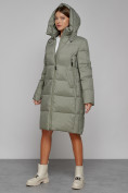 Оптом Пальто утепленное с капюшоном зимнее женское зеленого цвета 51155Z в  Красноярске, фото 6