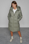 Оптом Пальто утепленное с капюшоном зимнее женское зеленого цвета 51155Z, фото 9
