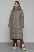 Оптом Пальто утепленное с капюшоном зимнее женское цвета хаки 51156Kh в Перми