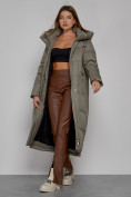Оптом Пальто утепленное с капюшоном зимнее женское цвета хаки 51156Kh, фото 14