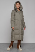 Оптом Пальто утепленное с капюшоном зимнее женское цвета хаки 51156Kh, фото 6