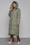 Оптом Пальто утепленное с капюшоном зимнее женское зеленого цвета 51156Z, фото 5