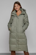 Оптом Пальто утепленное с капюшоном зимнее женское зеленого цвета 51156Z, фото 9