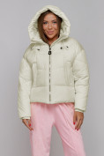 Оптом Зимняя женская куртка модная с капюшоном бежевого цвета 512305B в Екатеринбурге