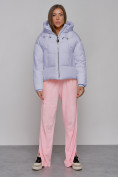 Оптом Зимняя женская куртка модная с капюшоном фиолетового цвета 512305F в Екатеринбурге