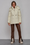 Оптом Зимняя женская куртка модная с капюшоном бежевого цвета 52302B в Казани