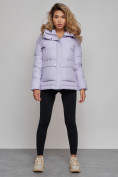 Оптом Зимняя женская куртка модная с капюшоном фиолетового цвета 52303F в Казани