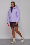 Оптом Зимняя женская куртка модная с капюшоном фиолетового цвета 52309F в Казани, фото 2