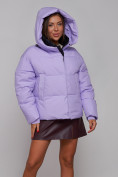 Оптом Зимняя женская куртка модная с капюшоном фиолетового цвета 52309F в Казани, фото 7