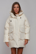 Оптом Зимняя женская куртка модная с капюшоном бежевого цвета 52310B в Казани, фото 20