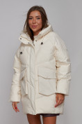 Оптом Зимняя женская куртка модная с капюшоном бежевого цвета 52310B в Казани, фото 22
