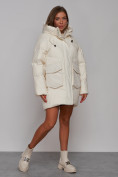 Оптом Зимняя женская куртка модная с капюшоном бежевого цвета 52310B в Казани, фото 3